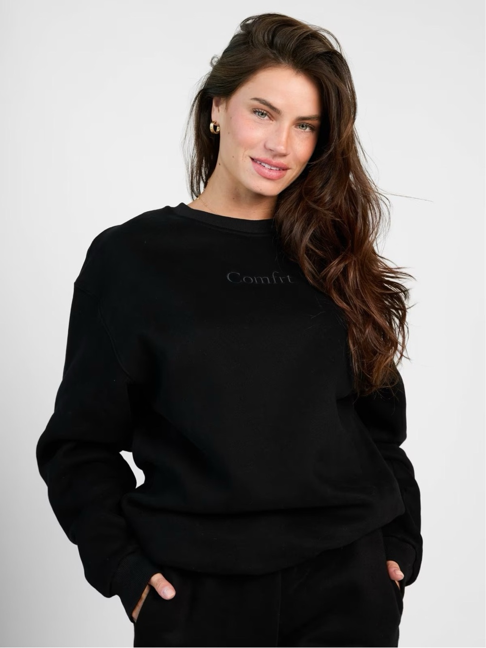 Comfrt Signature Crew Sweatshirt Onyx Black Embroidered Women Size S